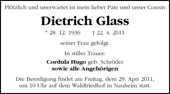 Traueranzeige von Dietrich Glass von Rüsselsheimer Echo, Groß-Gerauer-Echo, Ried Echo