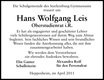 Traueranzeige von Hans Wolfgang Leis von Starkenburger Echo