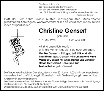 Traueranzeige von Christine Gensert von Rüsselsheimer Echo, Groß-Gerauer-Echo, Ried Echo