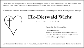 Traueranzeige von Elk-Dietwald Wicht von Darmstädter Echo, Odenwälder Echo, Rüsselsheimer Echo, Groß-Gerauer-Echo, Ried Echo