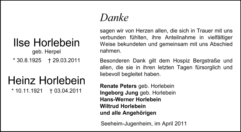  Traueranzeige für Ilse Horlebein vom 27.04.2011 aus Echo-Zeitungen (Gesamtausgabe)