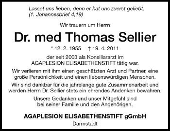 Traueranzeige von Thomas Sellier von Echo-Zeitungen (Gesamtausgabe)