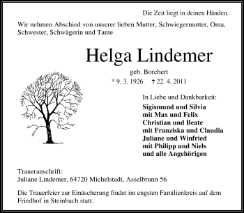 Traueranzeige von Helga Lindemer von Odenwälder Echo