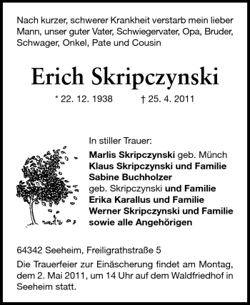 Traueranzeige von Erich Skripczynski von Echo-Zeitungen (Gesamtausgabe)