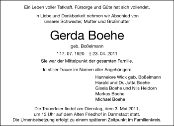 Traueranzeige von Gerda Boehe von Echo-Zeitungen (Gesamtausgabe)
