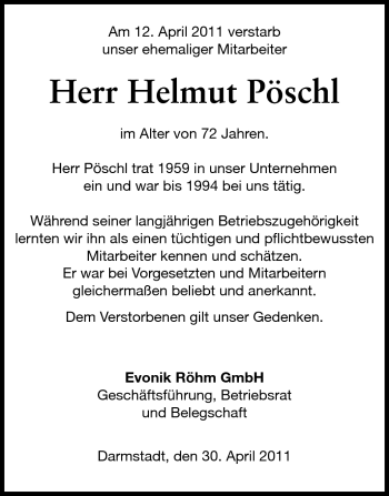 Traueranzeige von Helmut Pöschl von Echo-Zeitungen (Gesamtausgabe)
