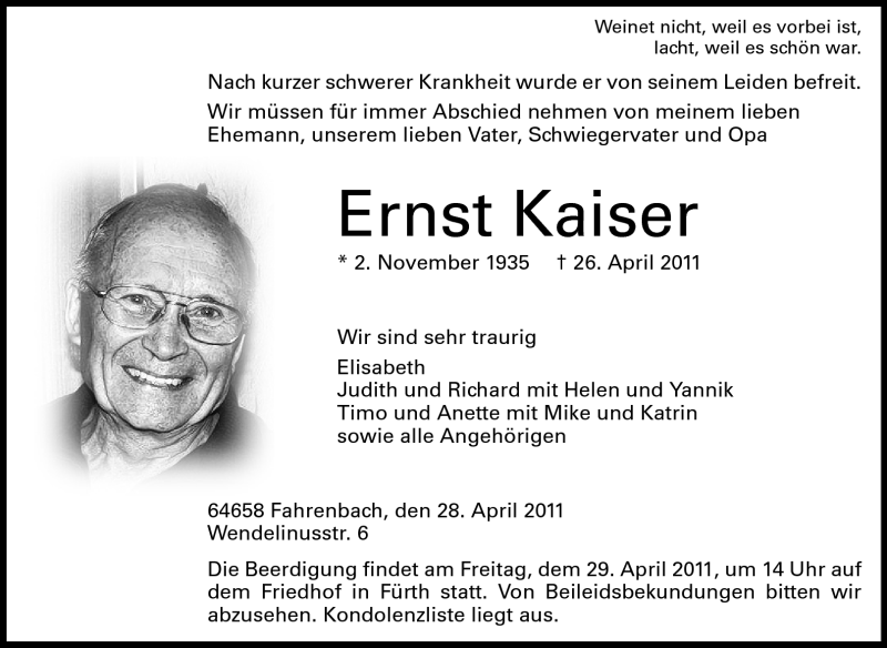  Traueranzeige für Ernst Kaiser vom 28.04.2011 aus Starkenburger Echo
