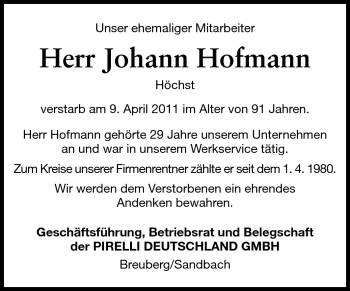 Traueranzeige von Johann Hofmann von Odenwälder Echo