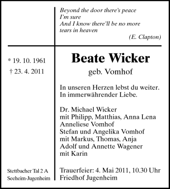 Traueranzeige von Beate Wicker von Echo-Zeitungen (Gesamtausgabe)