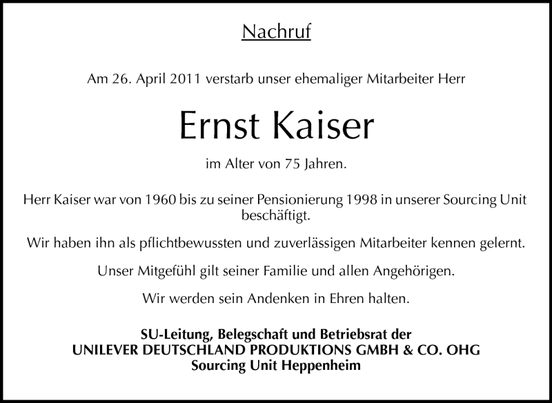  Traueranzeige für Ernst Kaiser vom 29.04.2011 aus Starkenburger Echo