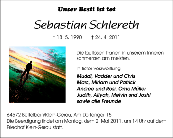 Traueranzeige von Sebastian Schlereth von Rüsselsheimer Echo, Groß-Gerauer-Echo, Ried Echo