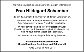 Traueranzeige von Hildegard Schamber von Rüsselsheimer Echo, Groß-Gerauer-Echo, Ried Echo