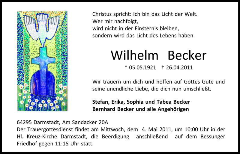  Traueranzeige für Wilhelm Becker vom 29.04.2011 aus Darmstädter Echo, Odenwälder Echo, Rüsselsheimer Echo, Groß-Gerauer-Echo, Ried Echo