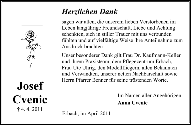 Traueranzeige für Josef Cvenic vom 30.04.2011 aus Odenwälder Echo