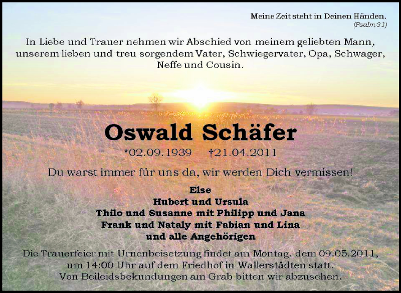  Traueranzeige für Oswald Schäfer vom 30.04.2011 aus Rüsselsheimer Echo, Groß-Gerauer-Echo, Ried Echo