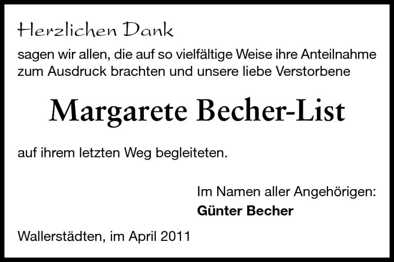  Traueranzeige für Margarete Becher-List vom 30.04.2011 aus Rüsselsheimer Echo, Groß-Gerauer-Echo, Ried Echo