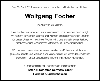 Traueranzeige von Wolfgang Focher von Echo-Zeitungen (Gesamtausgabe)