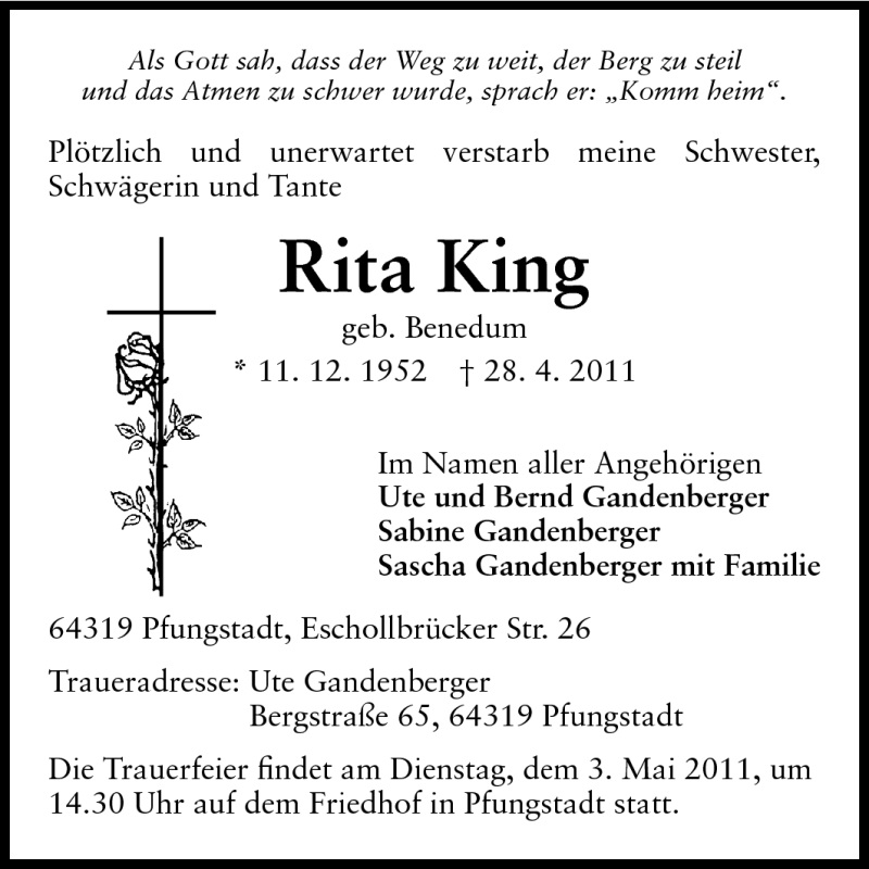  Traueranzeige für Rita King vom 02.05.2011 aus Echo-Zeitungen (Gesamtausgabe)