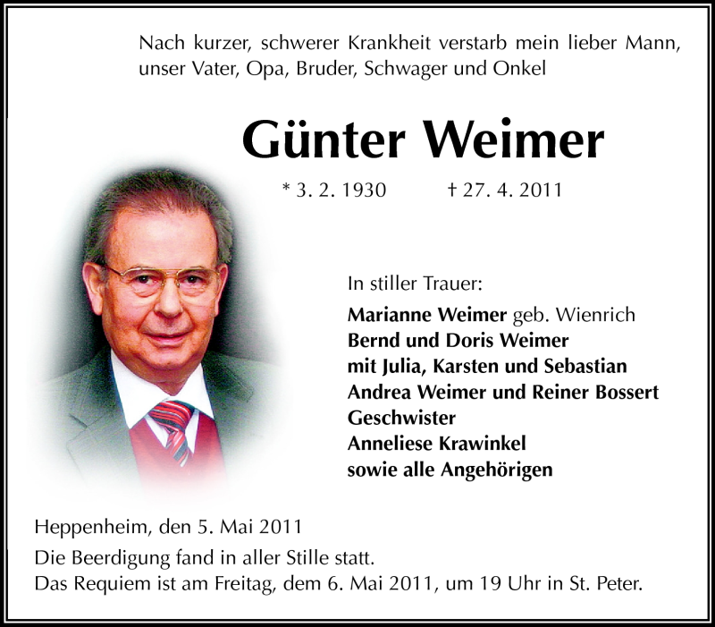  Traueranzeige für Günter Weimer vom 05.05.2011 aus Starkenburger Echo