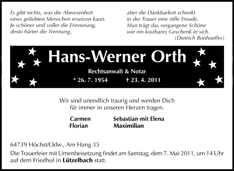  Traueranzeige für Hans-Werner Orth vom 03.05.2011 aus Odenwälder Echo
