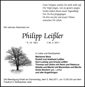 Traueranzeige von Philipp Leißler von Rüsselsheimer Echo, Groß-Gerauer-Echo, Ried Echo