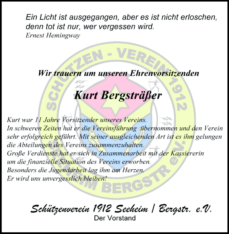  Traueranzeige für Kurt Bergsträßer vom 03.05.2011 aus Echo-Zeitungen (Gesamtausgabe)
