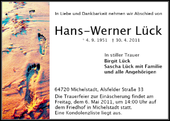 Traueranzeige von Hans-Werner Lück von Odenwälder Echo