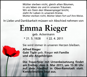 Traueranzeige von Emma Rieger von Darmstädter Echo, Odenwälder Echo, Rüsselsheimer Echo, Groß-Gerauer-Echo, Ried Echo