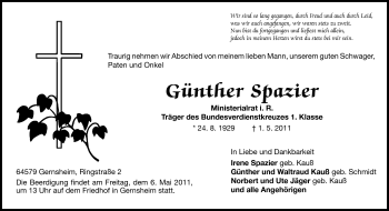 Traueranzeige von Günther Spazier von Rüsselsheimer Echo, Groß-Gerauer-Echo, Ried Echo