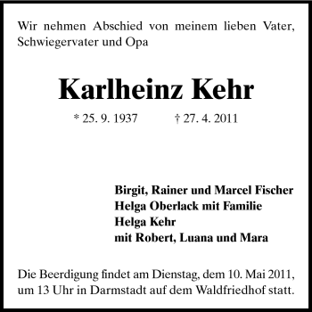 Traueranzeige von Karlheinz Kehr von Darmstädter Echo, Odenwälder Echo, Rüsselsheimer Echo, Groß-Gerauer-Echo, Ried Echo