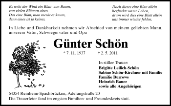 Traueranzeige von Günter Schön von Darmstädter Echo, Odenwälder Echo, Rüsselsheimer Echo, Groß-Gerauer-Echo, Ried Echo