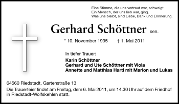 Traueranzeige von Gerhard Schöttner von Rüsselsheimer Echo, Groß-Gerauer-Echo, Ried Echo