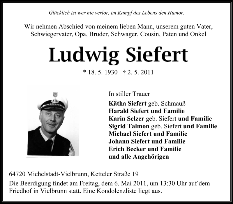  Traueranzeige für Ludwig Siefert vom 04.05.2011 aus Odenwälder Echo