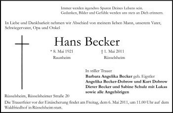Traueranzeige von Hans Becker von Rüsselsheimer Echo, Groß-Gerauer-Echo, Ried Echo