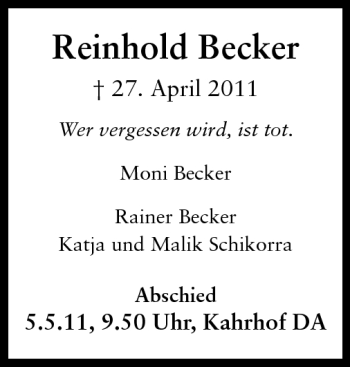 Traueranzeige von Reinhold Becker von Darmstädter Echo, Odenwälder Echo, Rüsselsheimer Echo, Groß-Gerauer-Echo, Ried Echo