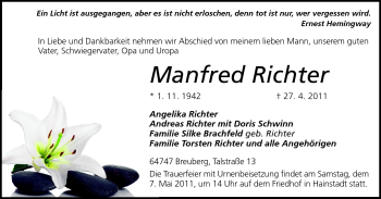 Traueranzeige von Manfred Richter von Odenwälder Echo