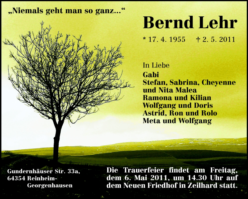  Traueranzeige für Bernd Lehr vom 05.05.2011 aus Echo-Zeitungen (Gesamtausgabe)