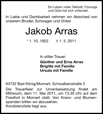 Traueranzeige von Jakob Arras von Odenwälder Echo