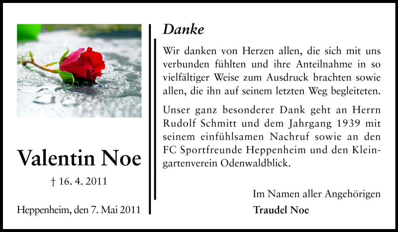  Traueranzeige für Valentin Noe vom 07.05.2011 aus Starkenburger Echo
