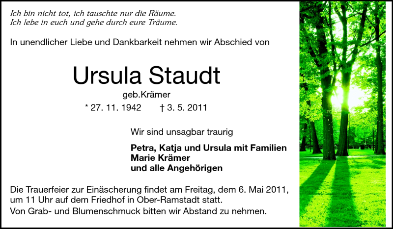  Traueranzeige für Ursula Staudt vom 05.05.2011 aus Echo-Zeitungen (Gesamtausgabe)