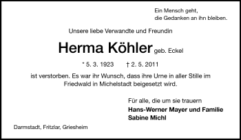 Traueranzeige von Herma Köhler von Echo-Zeitungen (Gesamtausgabe)