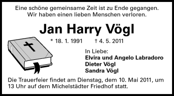 Traueranzeige von Jan Harry Vögl von Echo-Zeitungen (Gesamtausgabe)