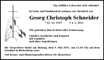 Traueranzeige von Georg Christoph Schneider von Rüsselsheimer Echo, Groß-Gerauer-Echo, Ried Echo