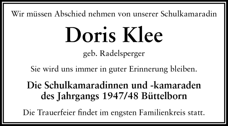  Traueranzeige für Doris Klee vom 07.05.2011 aus Echo-Zeitungen (Gesamtausgabe)