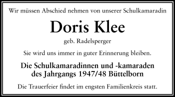 Traueranzeige von Doris Klee von Echo-Zeitungen (Gesamtausgabe)