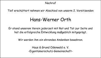 Traueranzeige von Hans-Werner Orth von Odenwälder Echo