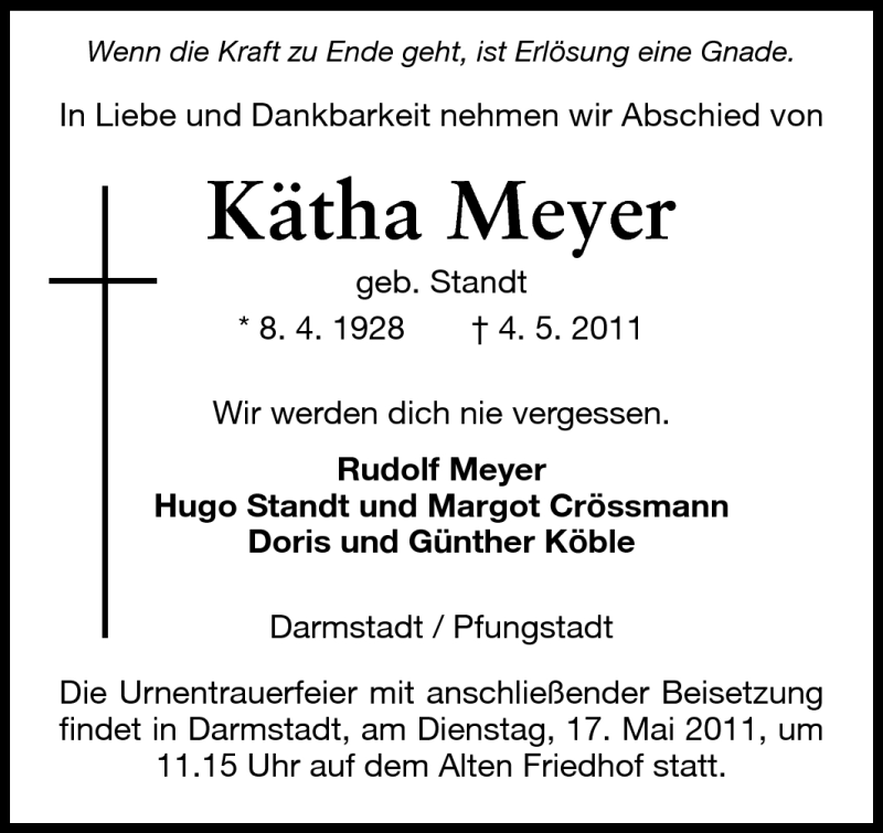  Traueranzeige für Kätha Meyer vom 14.05.2011 aus Echo-Zeitungen (Gesamtausgabe)