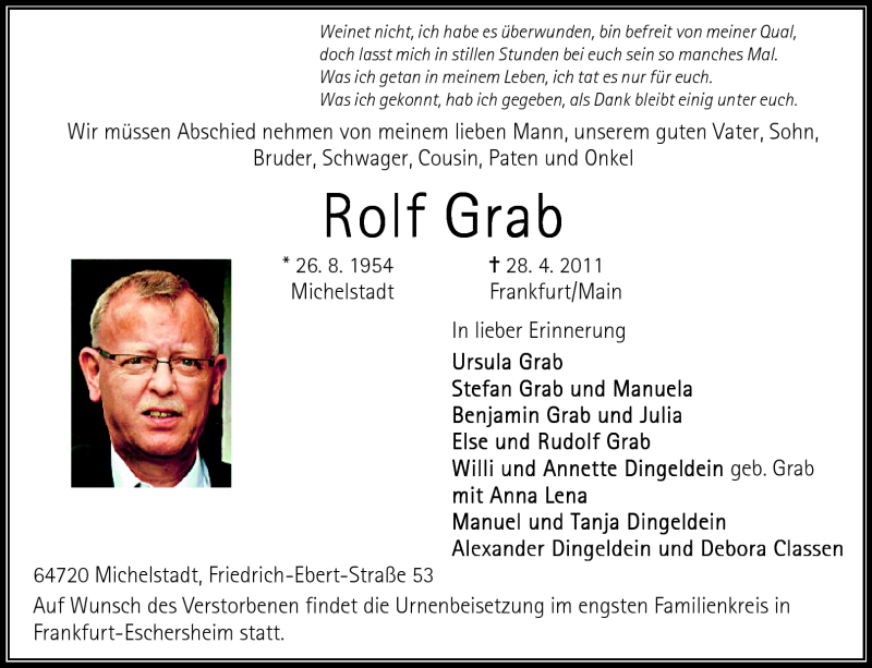  Traueranzeige für Rolf Grab vom 09.05.2011 aus Odenwälder Echo