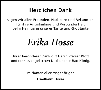 Traueranzeige von Erika Hosse von Odenwälder Echo
