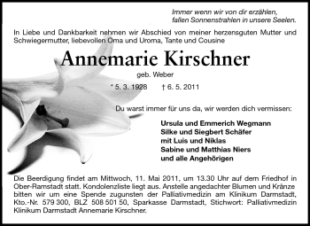 Traueranzeige von Annemarie Kirschner von Darmstädter Echo, Odenwälder Echo, Rüsselsheimer Echo, Groß-Gerauer-Echo, Ried Echo